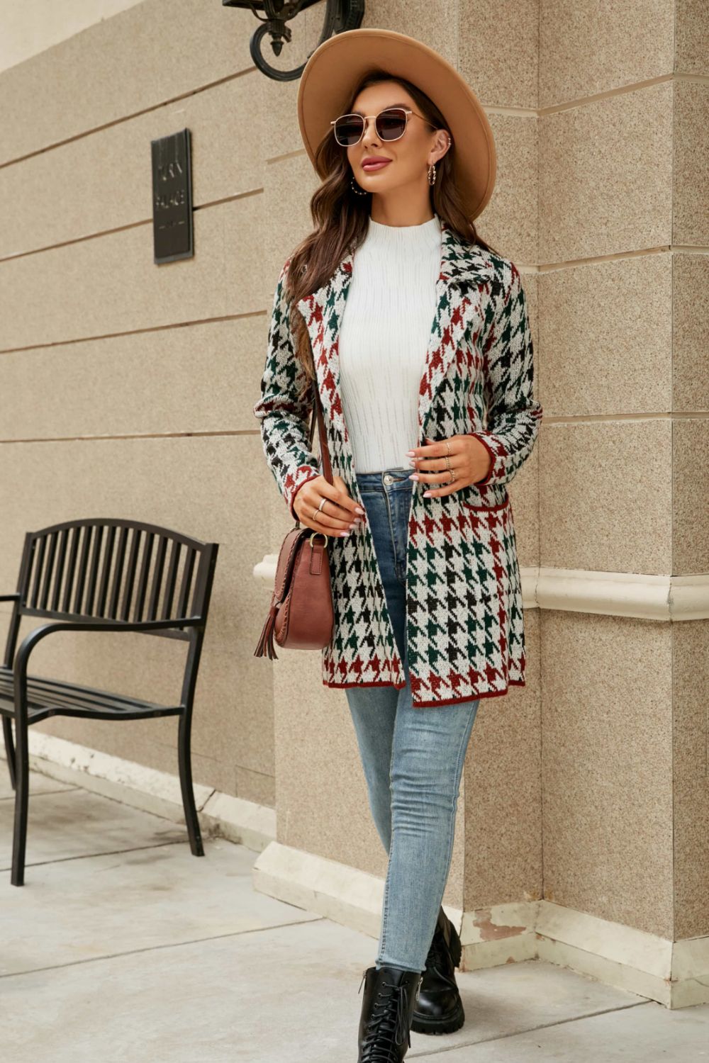 Women's Printed Open Front Lapel Collar Cardigan with Pockets