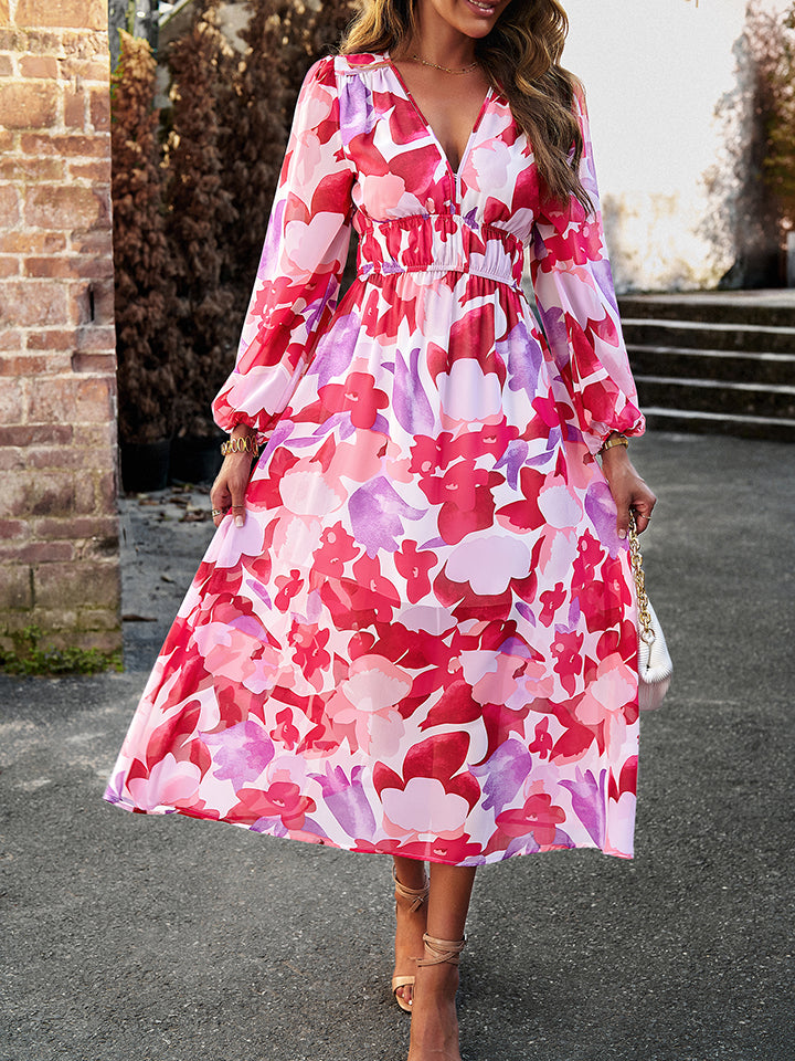 IconicDream Printed V-Neck Long Sleeve Midi Dress