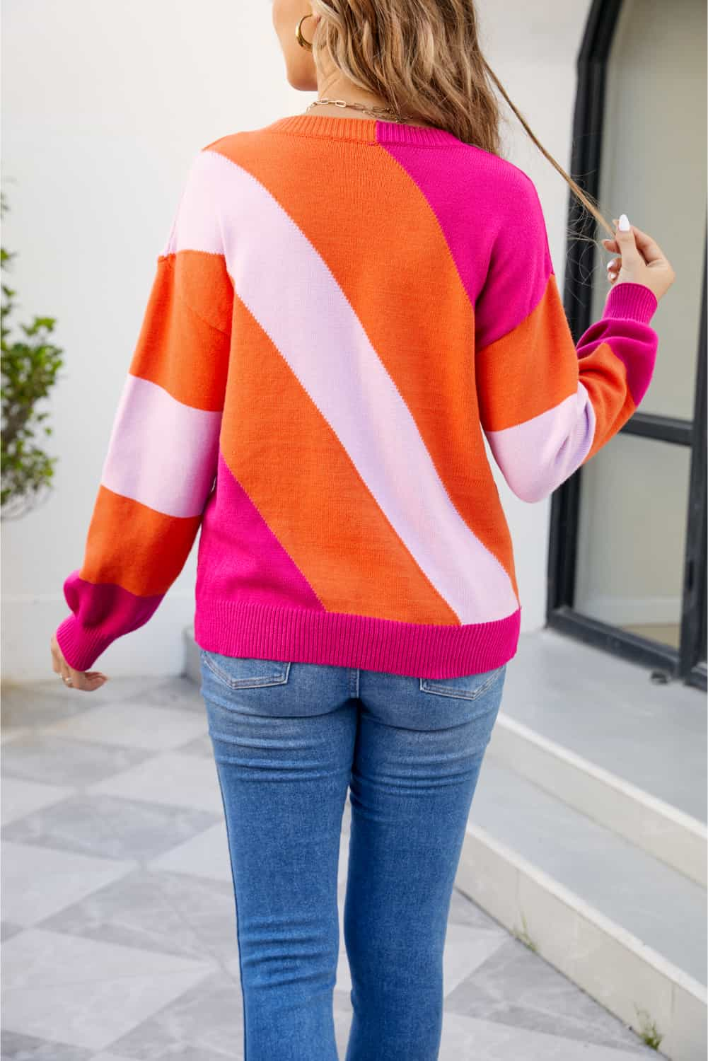 Hannah&Mea Color Block Ribbed Round Neck Sweater