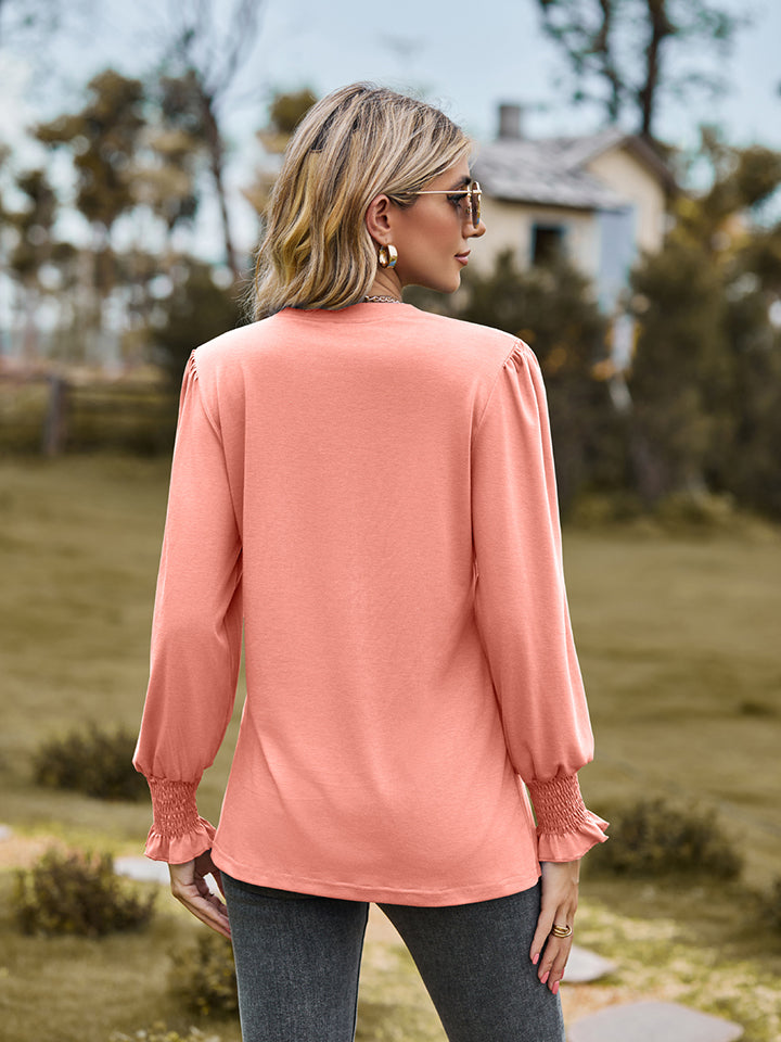 Full Size Notched Neck Flounce Sleeve Blouse