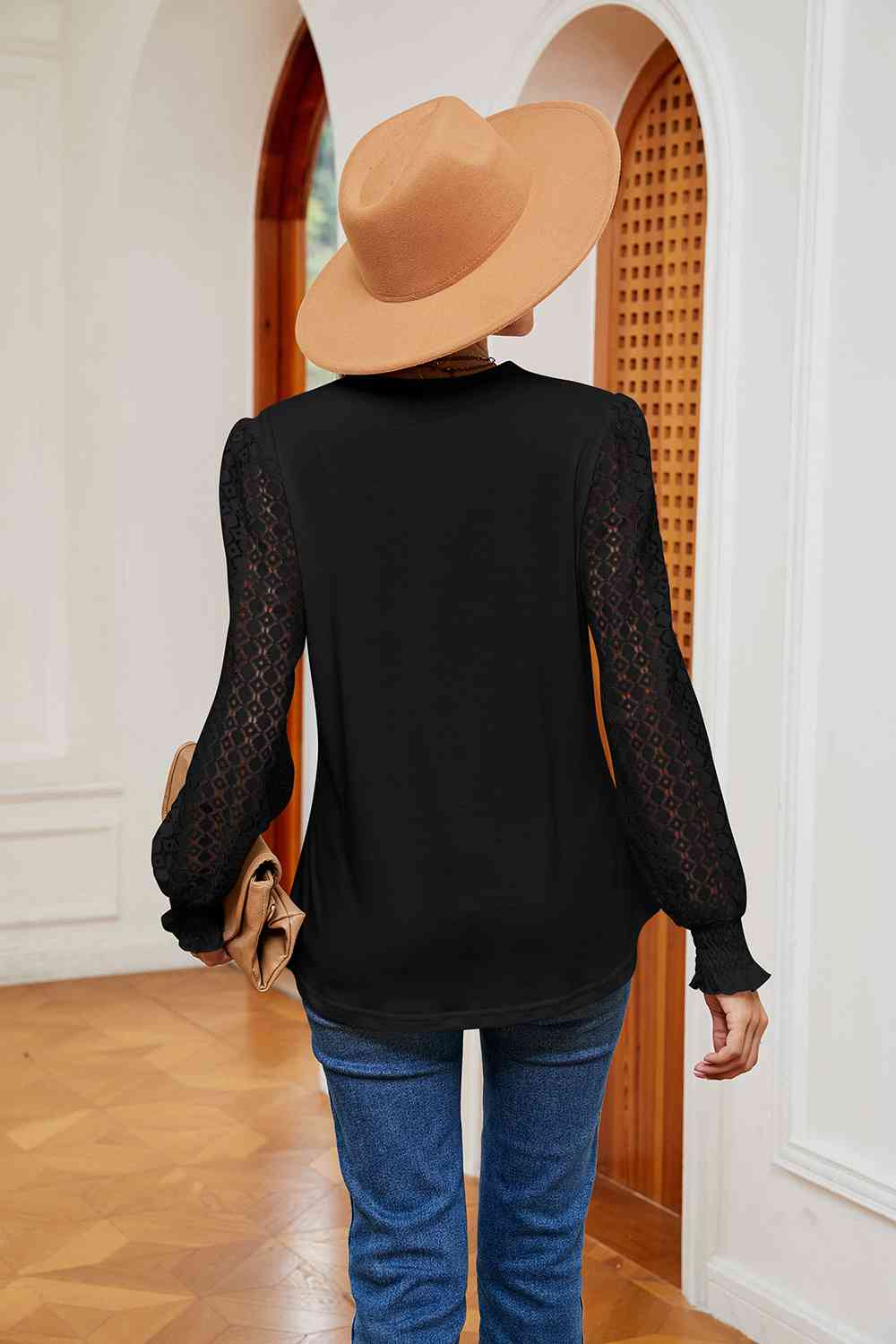 Contrast V-Neck Long Sleeve Blouse