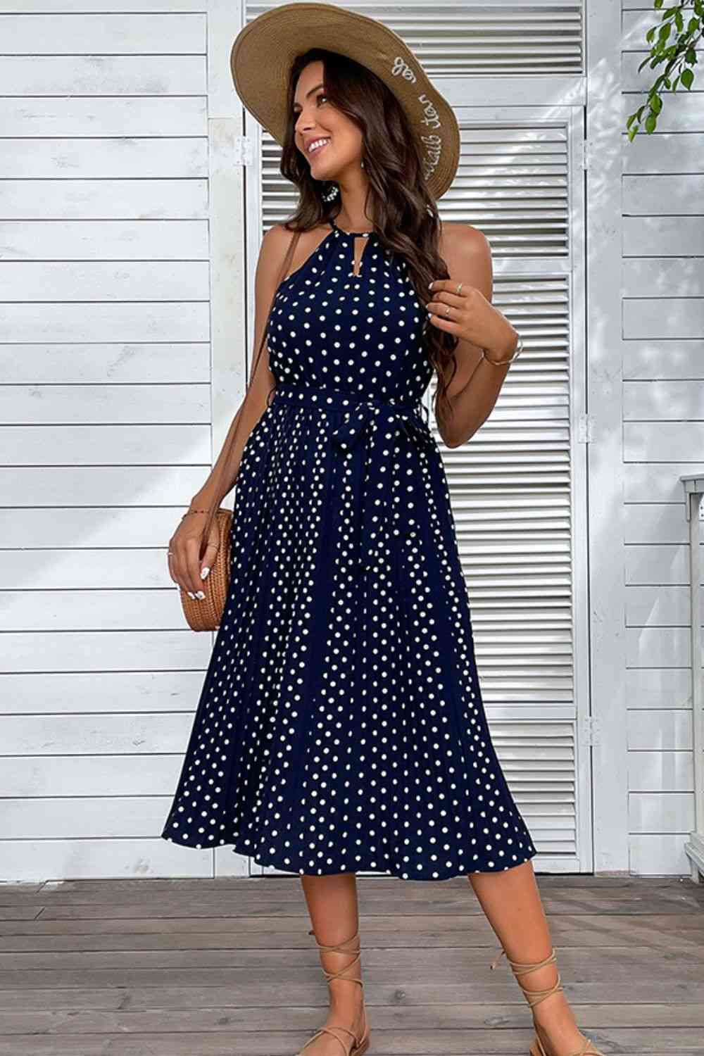 Navy Blue Full Size Polka Dot Tie-Waist Sleeveless Midi Dress