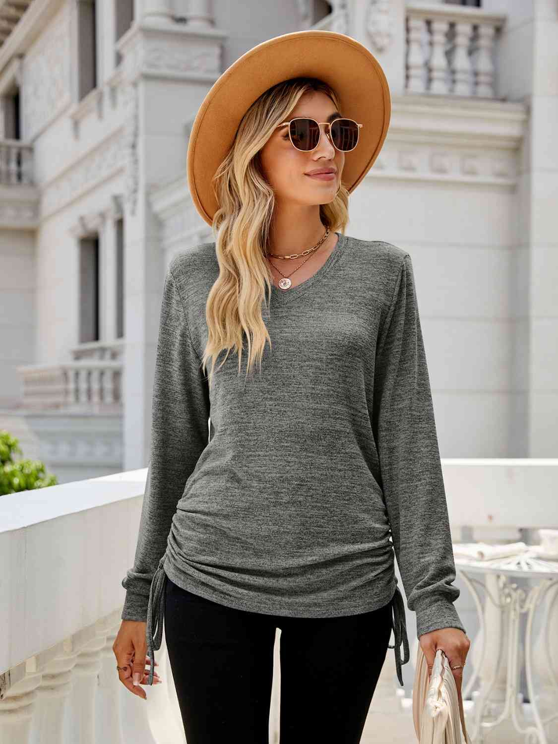 Full Size Drawstring V-Neck Long Sleeve T-Shirt