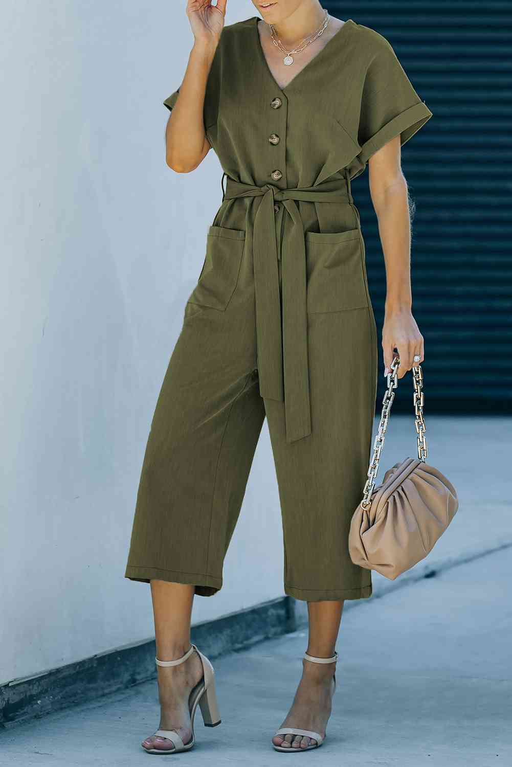 DuskJumpers Tie-Waist Buttoned Cropped Jumpsuit