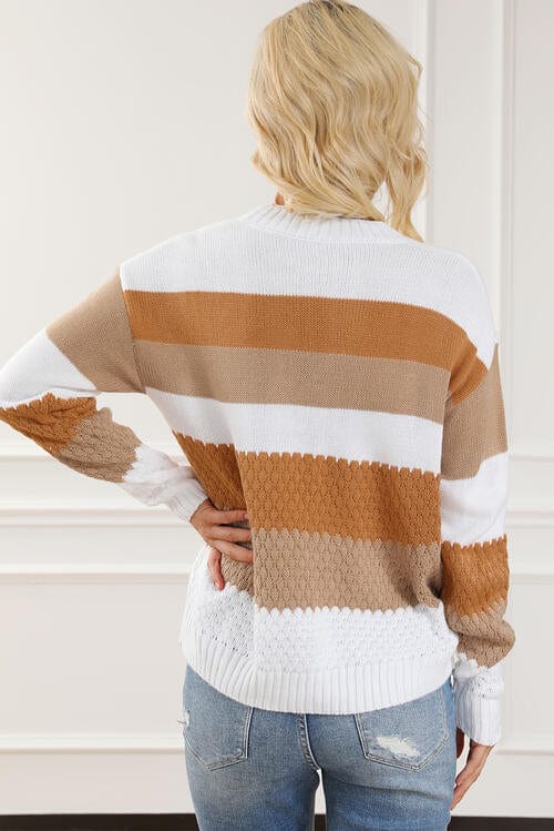 LoveByHannah Striped Round Neck Ochre Long Sleeve Knit Top