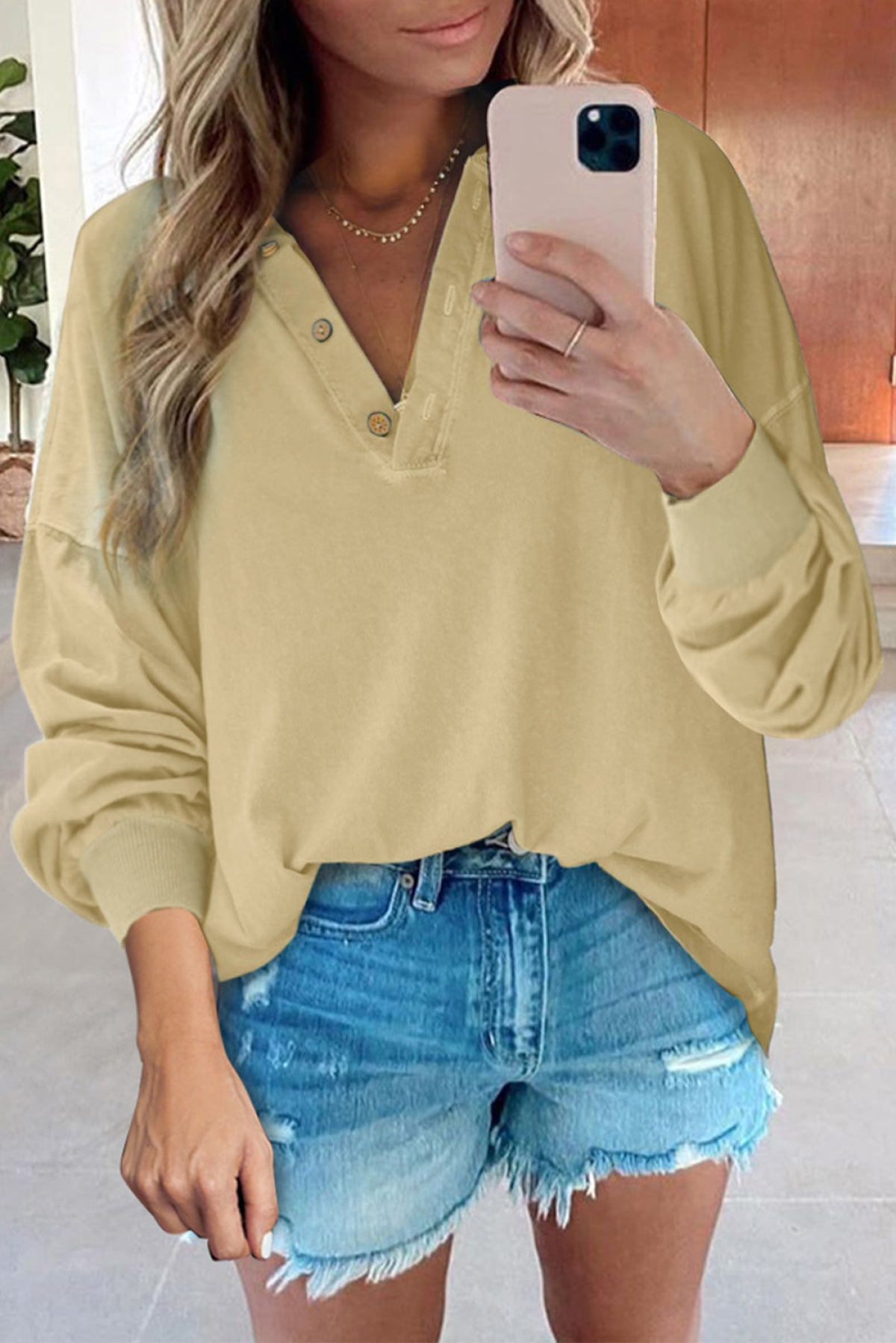 Buttoned V Neck Loose Fit Top