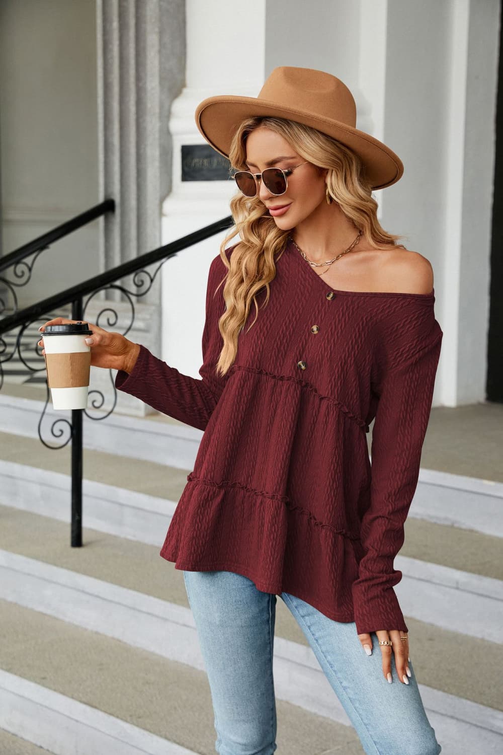 Full Size Long Sleeve V-Neck Cable-Knit Blouse