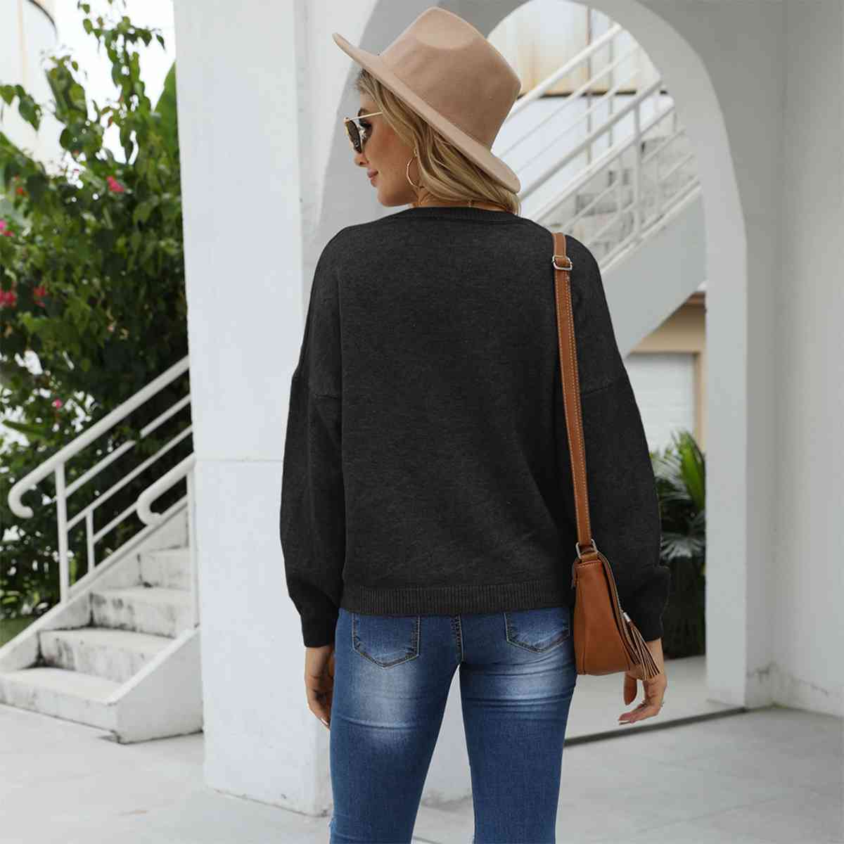 SnuggleTime Round Neck Long Sleeve Drop Shoulder Sweater