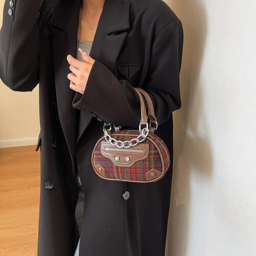 Your Treasures Chestnut Brown Plaid Print Crossbody Bag