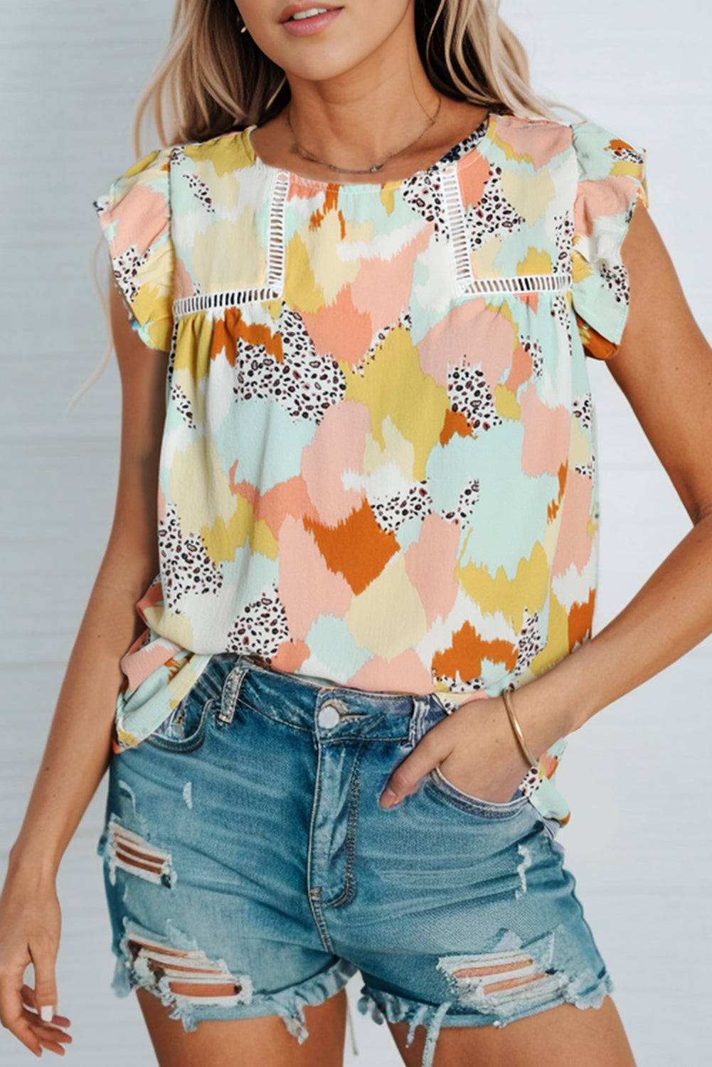 Women's Printed Round Neck Flutter-Short Sleeve Top