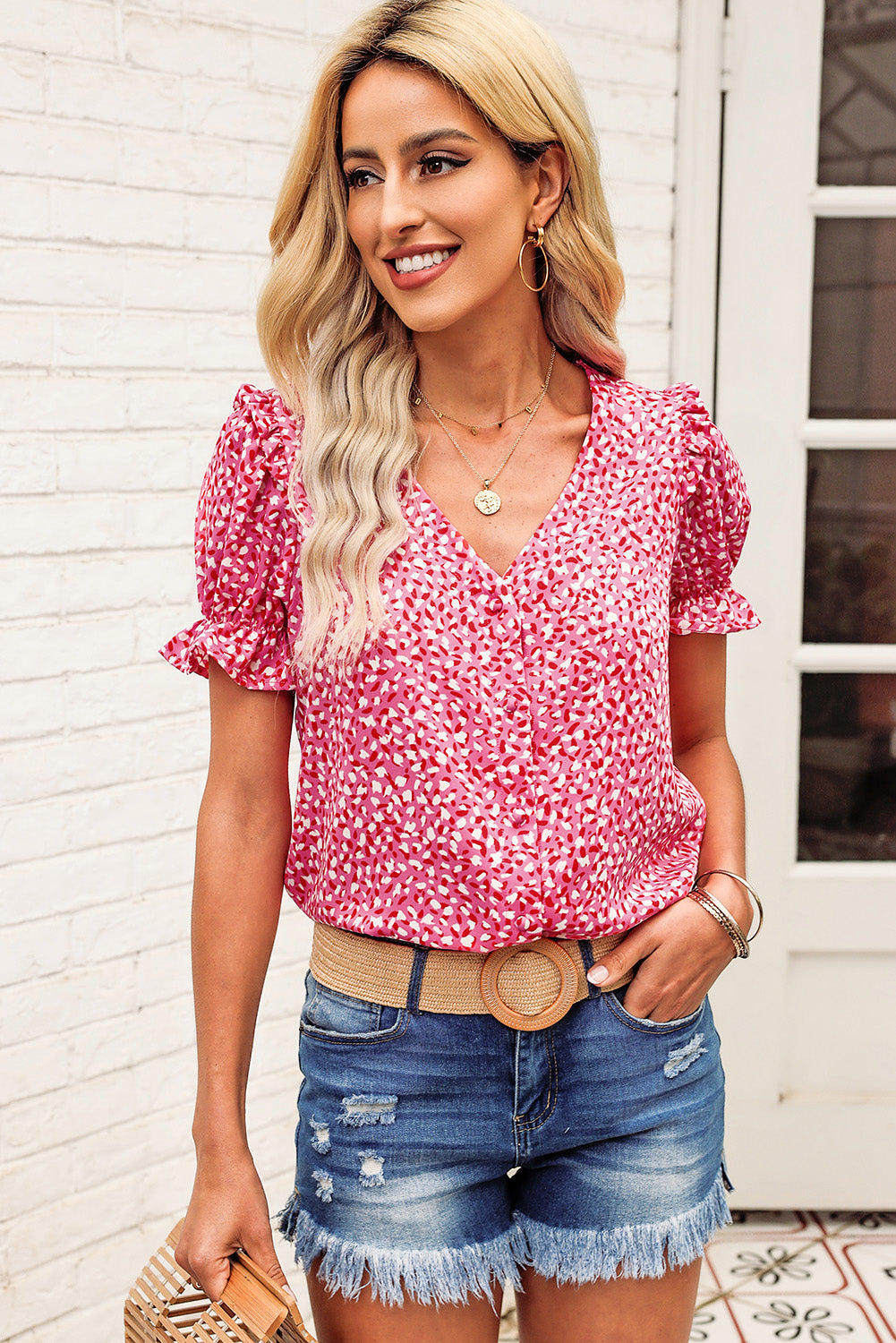 Malibu Dreams Printed Flounce Sleeve Plunge Blouse