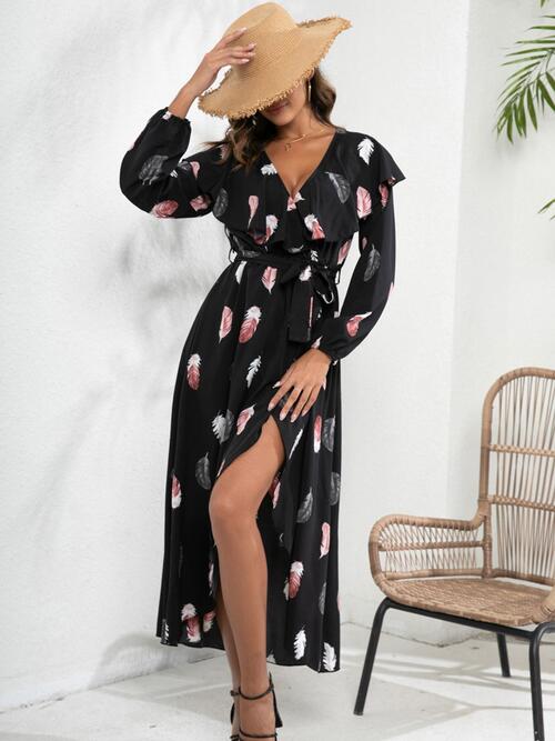 OhSoMidi Black Printed Tie Front Ruffle Trim Long Sleeve Dress