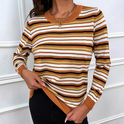 Striped Round Neck Long Sleeve Sweater