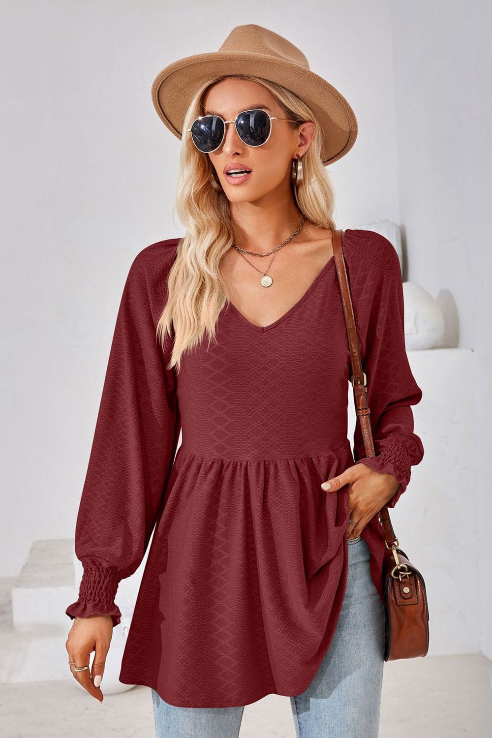 Full Size V-Neck Lantern Sleeve Blouse