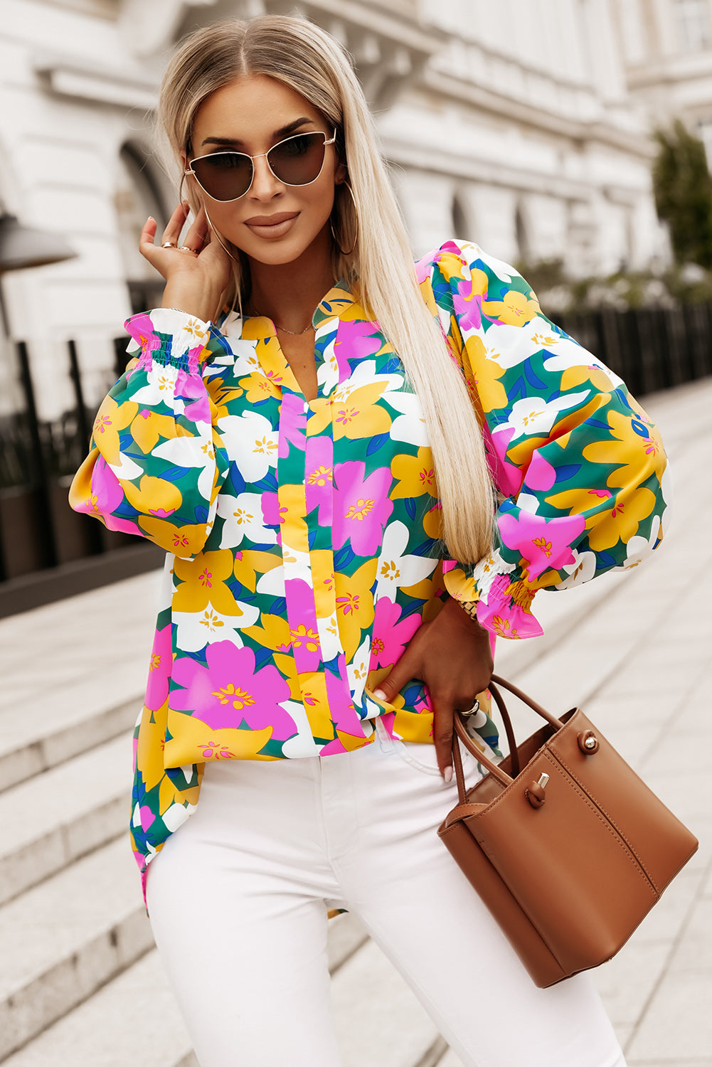 Beauteous Floral Print Notched Neck Lantern Sleeve Blouse