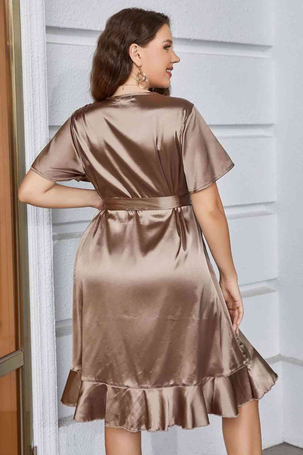 Plus Size Women's Light Brown Belted Ruffled Surplice Dress