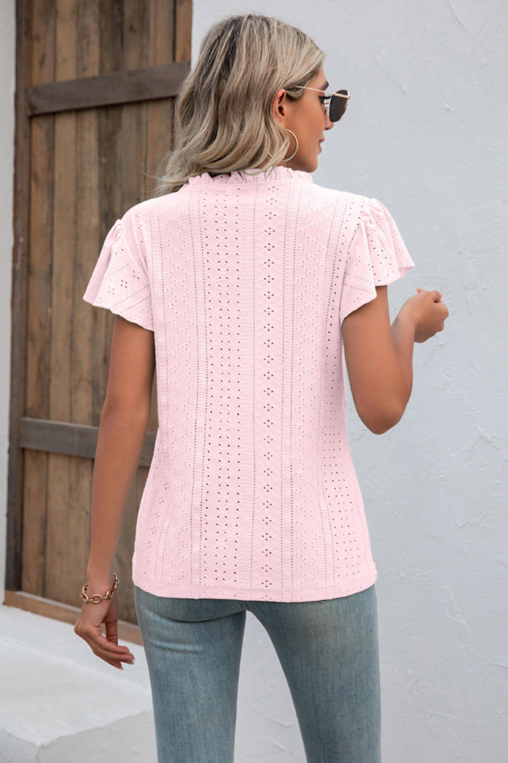 Full Size Eyelet Notched Neck Flutter Sleeve Top