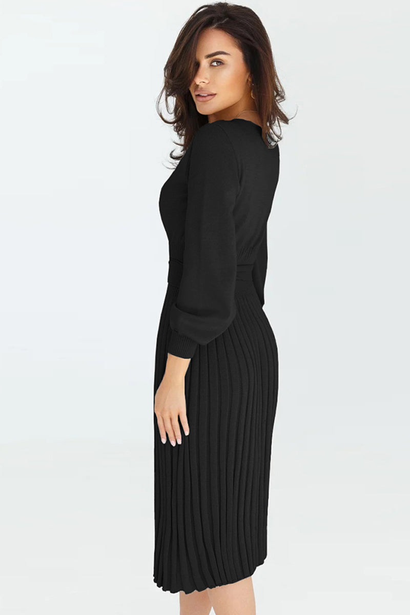 Full Size Round Neck Long Sleeve Pleated Sweater Dress