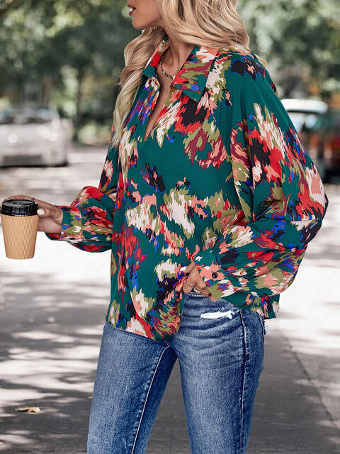 Green Printed Johnny Collar Long Sleeve Blouse