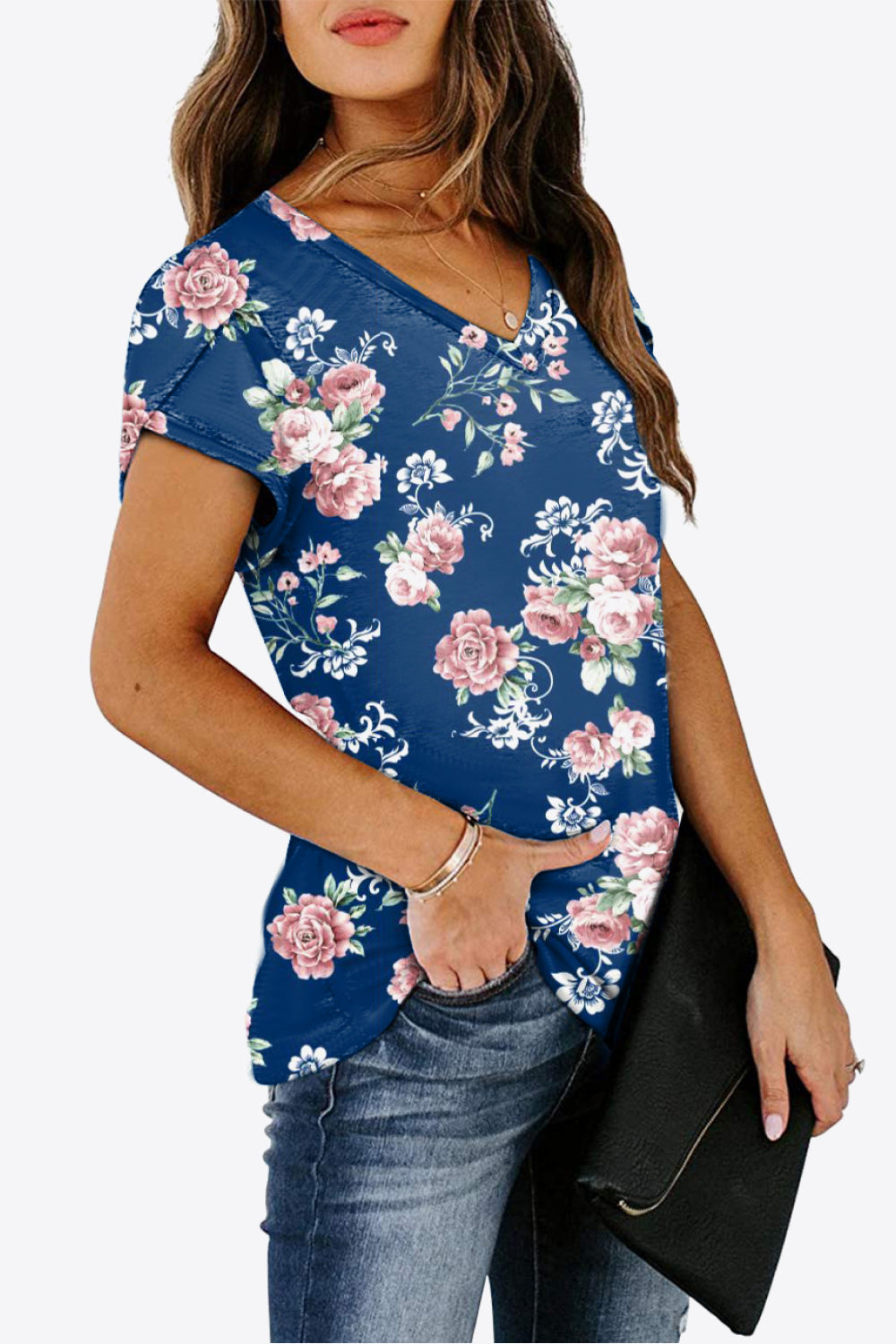 Full Size Printed Petal Sleeve V-Neck Blouse