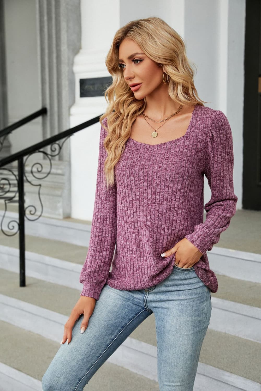 Full Size Tosha Ribbed Square Neck Long Sleeve T-Shirt