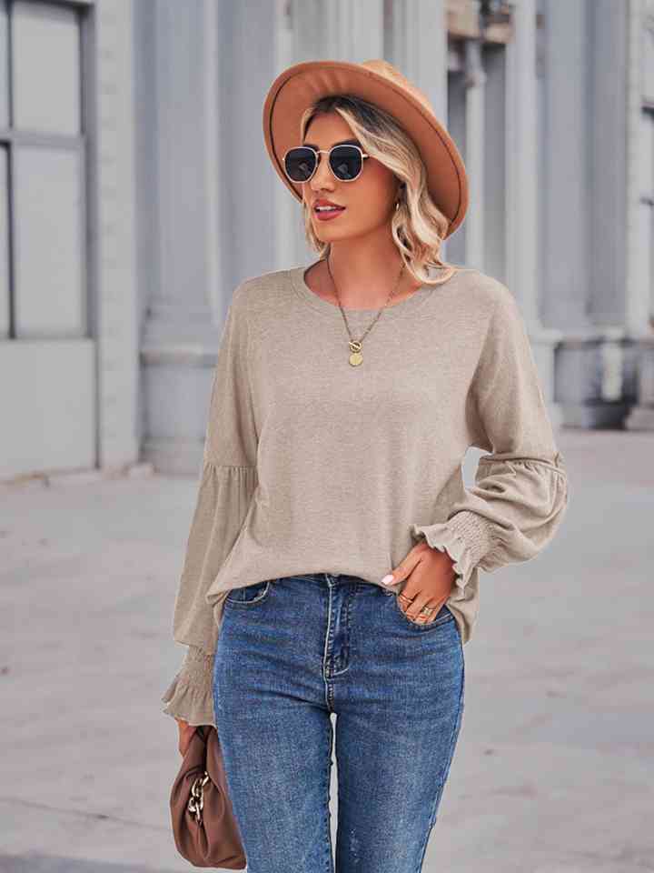 Full Size Round Neck Flounce Sleeve Blouse