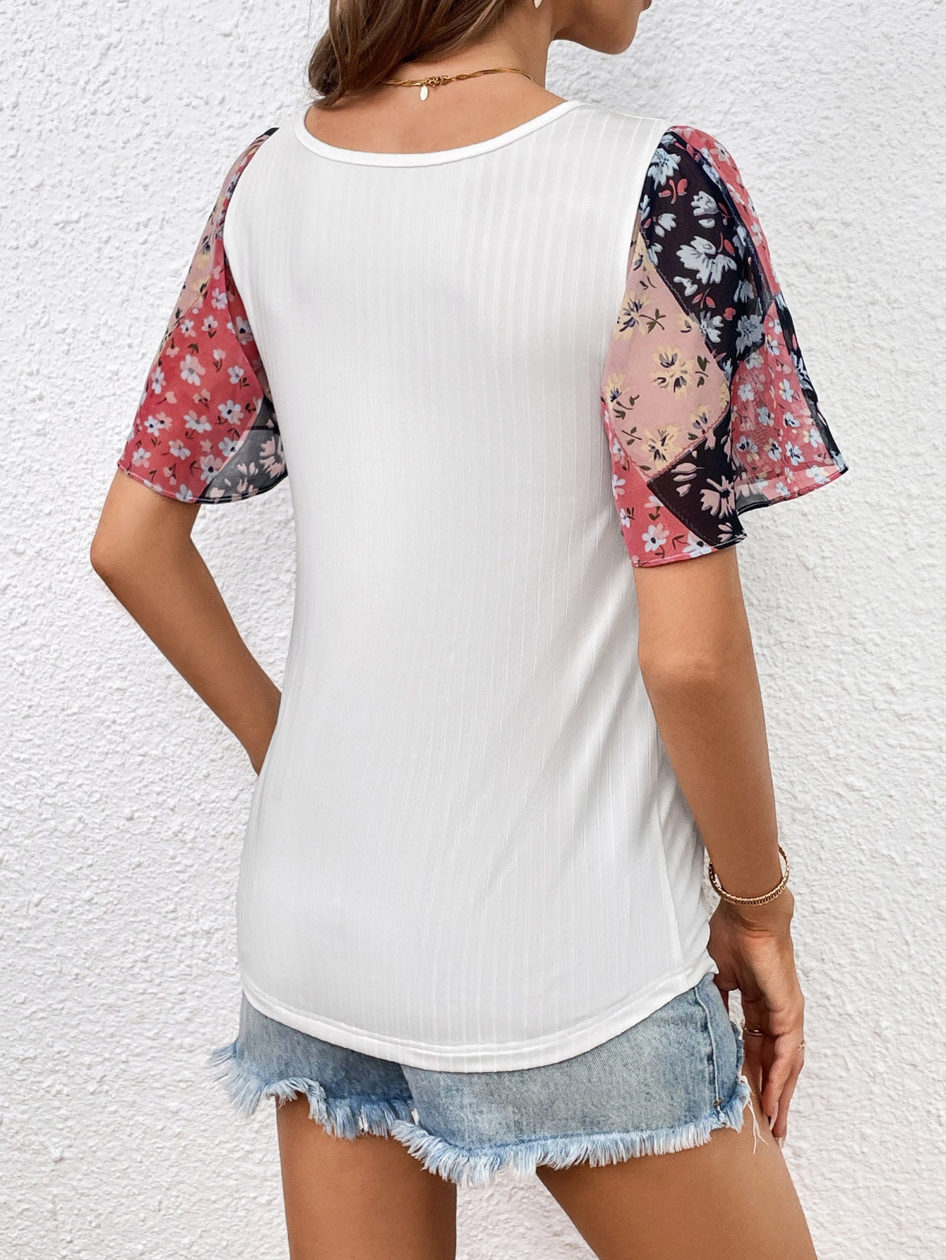 Full Size Printed Puff Sleeve Round Neck Tee