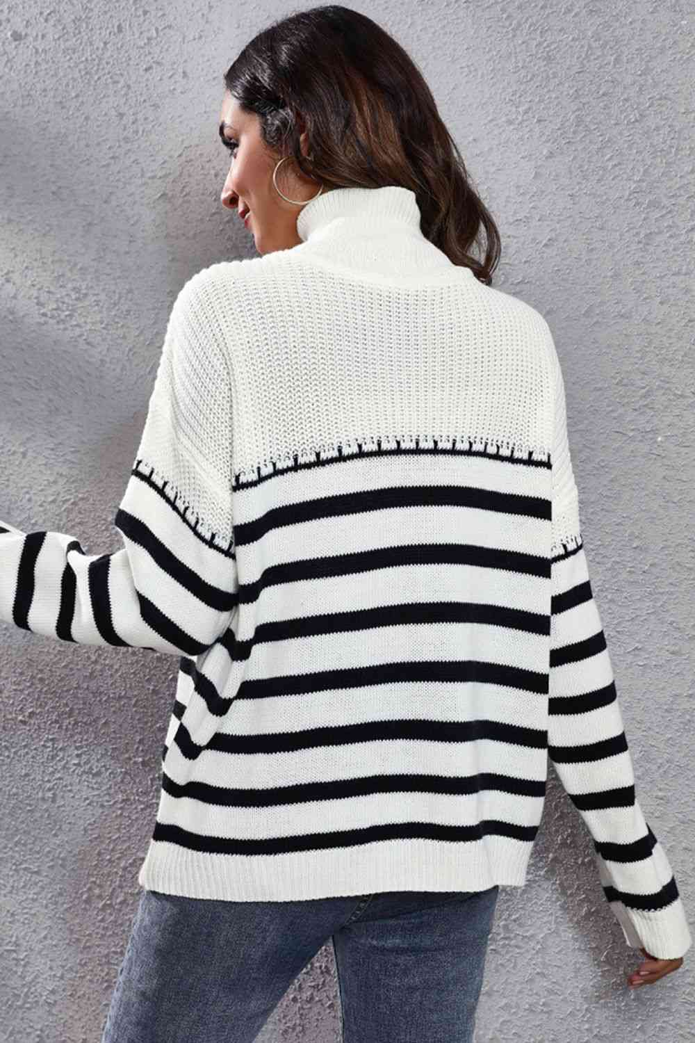 KnittedEmporium Striped Turtleneck Drop Shoulder Sweater