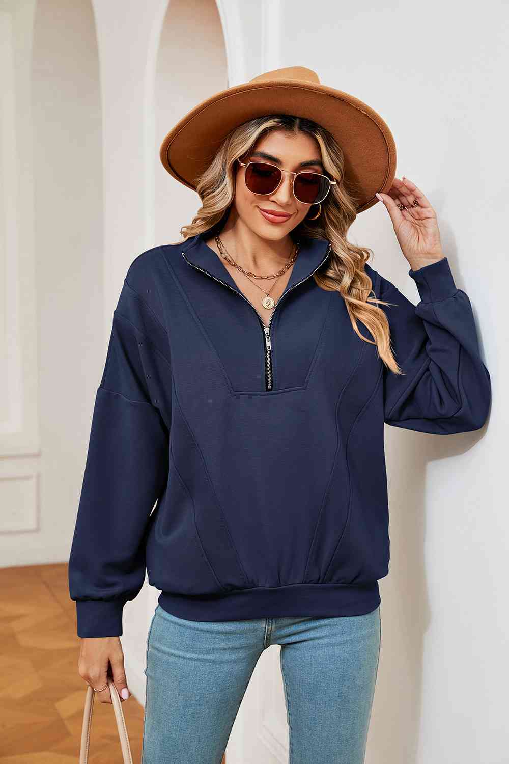 Full Size Half-Zip Dropped Shoulder Sweatshirt