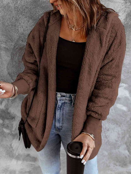 Open Front Hooded Faux Fur Outwear Jacket with Pockets