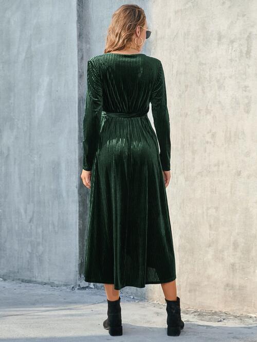 OhSoMidi Tie Front Long Sleeve Slit Dress