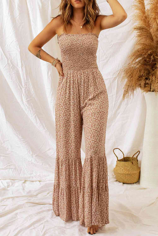 Camel Brown Floral Spaghetti Strap Smocked Wide Leg Jumpsuit