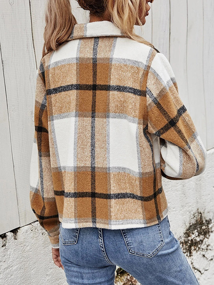 Women's Plaid Collared Neck Jacket with Breast Pockets
