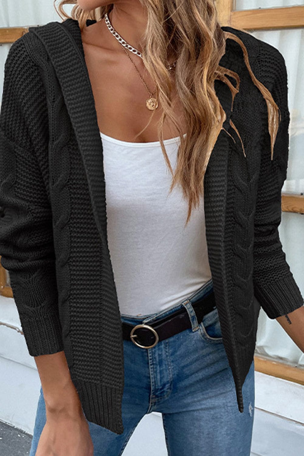 LakenLea Cable-Knit Dropped Shoulder Hooded Cardigan