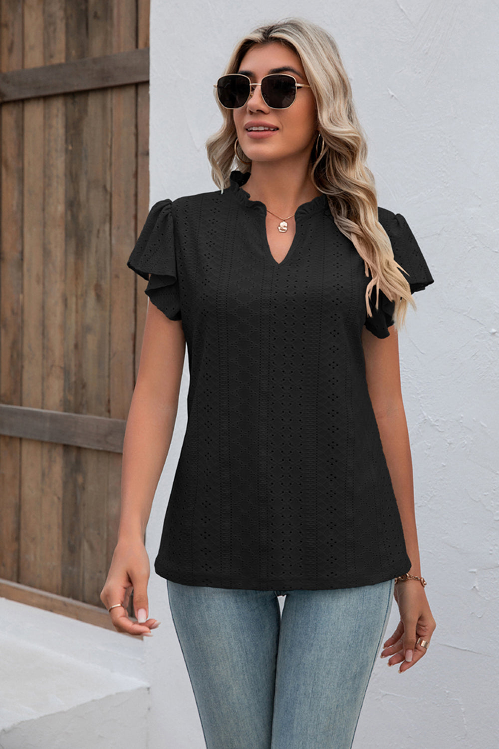 Full Size Eyelet Notched Neck Flutter Sleeve Top