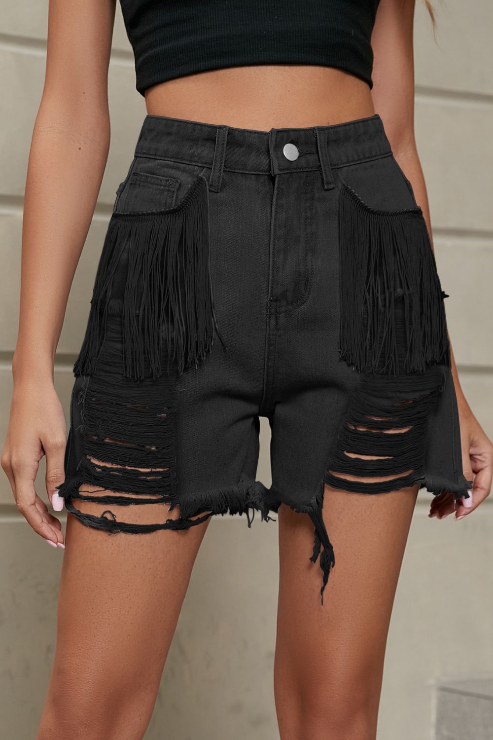 Women's Full Size Calista Fringe Trim Distressed Denim Shorts with Pockets