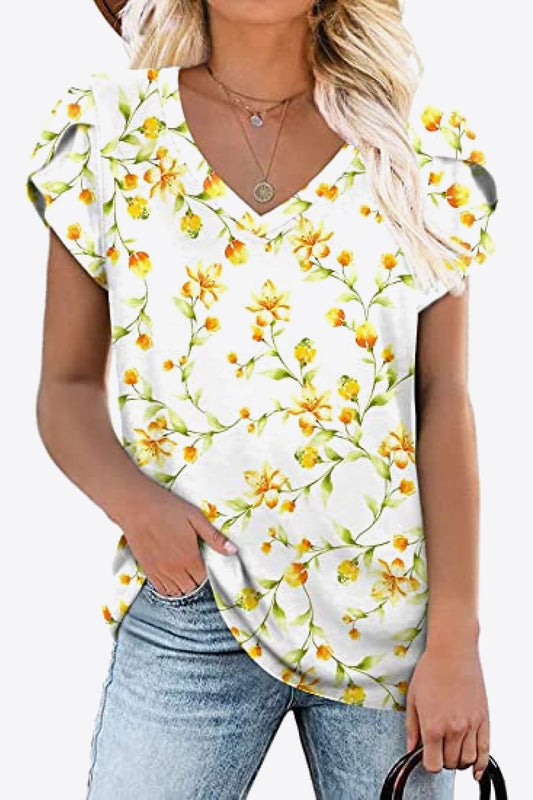 Full Size Printed Petal Sleeve V-Neck Blouse