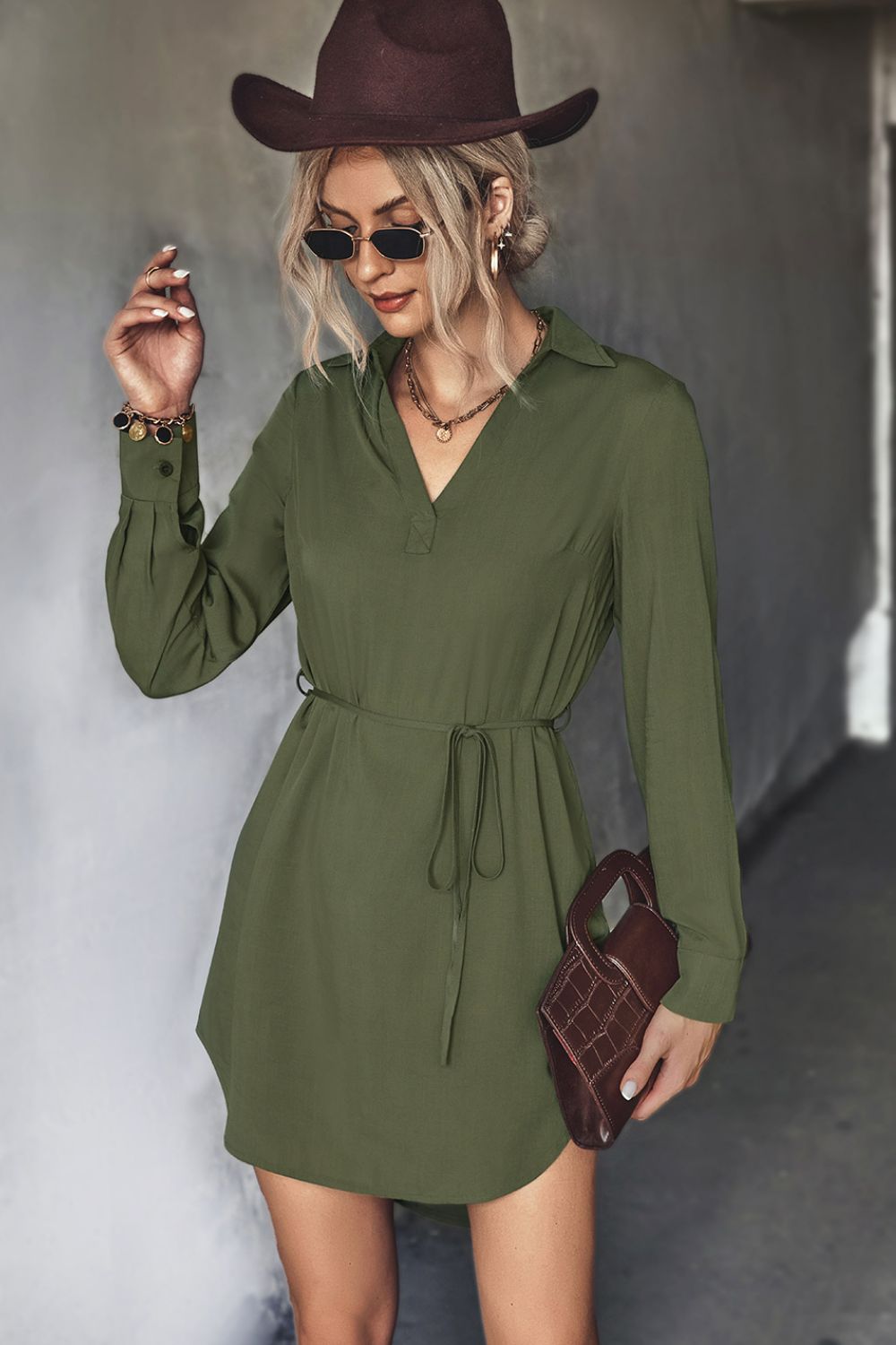 Avery Aria Belted Johnny Collar High-Low Shirt Dress