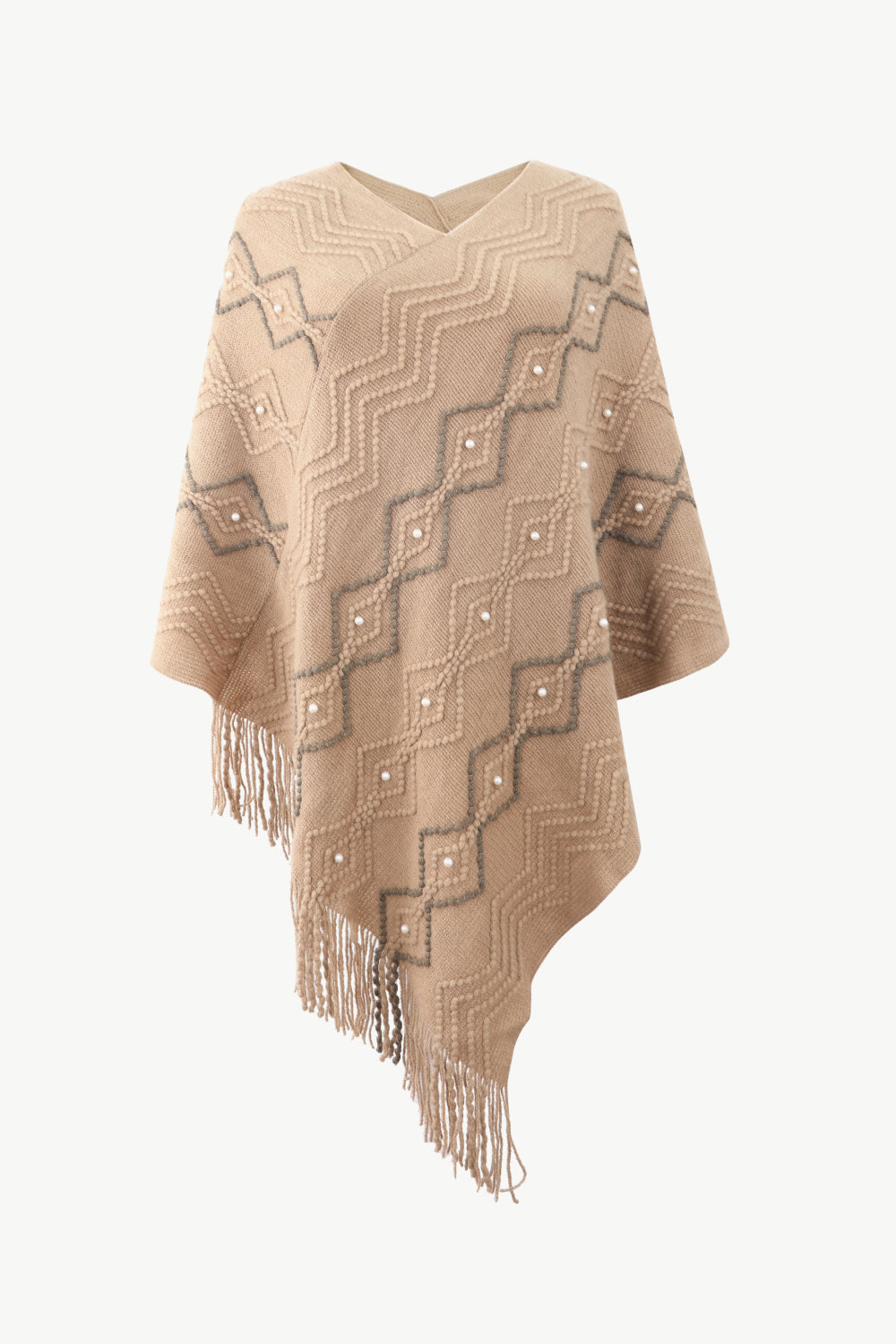 One Size Pearl Trim V-Neck Fringe Hem Poncho