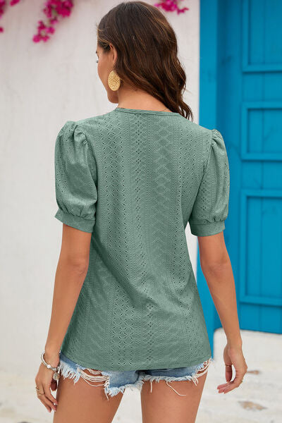 Eyelet V-Neck Short Sleeve T-Shirt