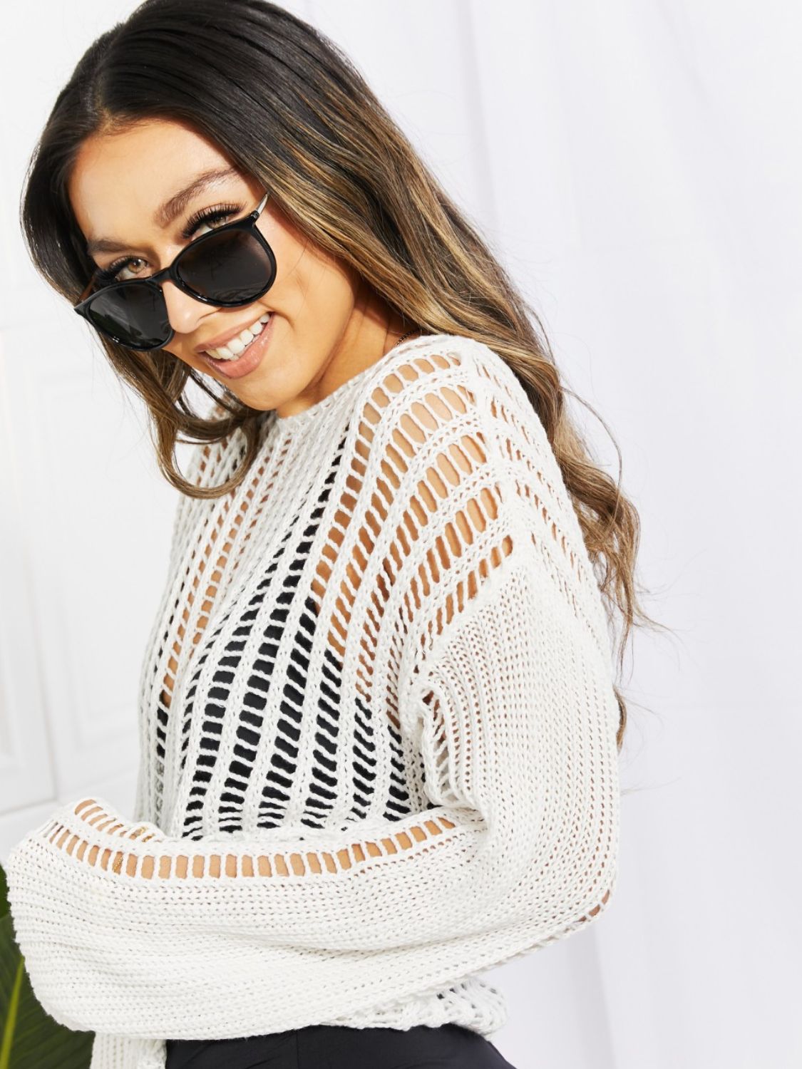 SO SUMMER Long Sleeve Round Neck Openwork Cover-Up