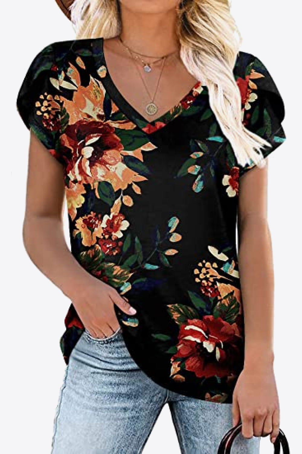 Full Size Printed Petal Sleeve V-Neck Blouse