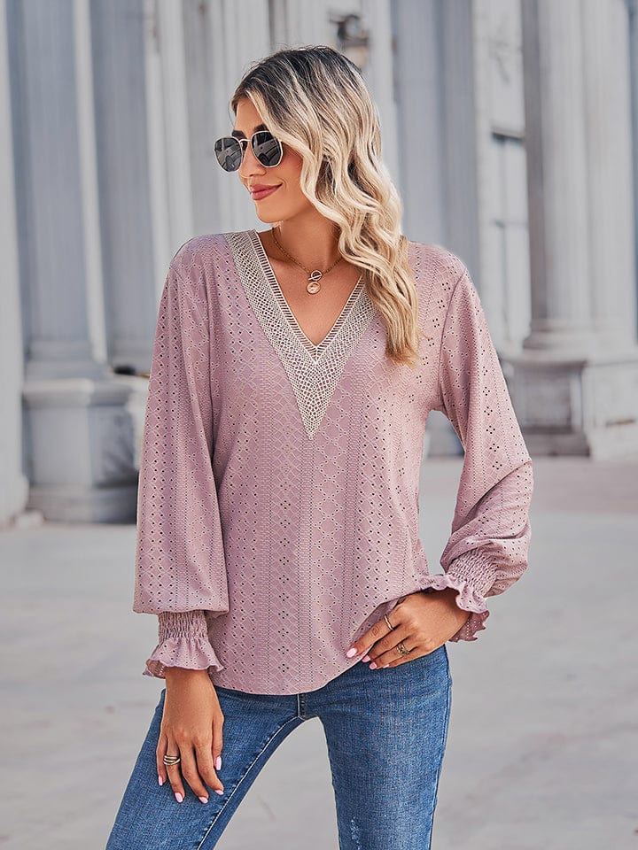 Full Size V-Neck Eyelet Flounce Sleeve Blouse