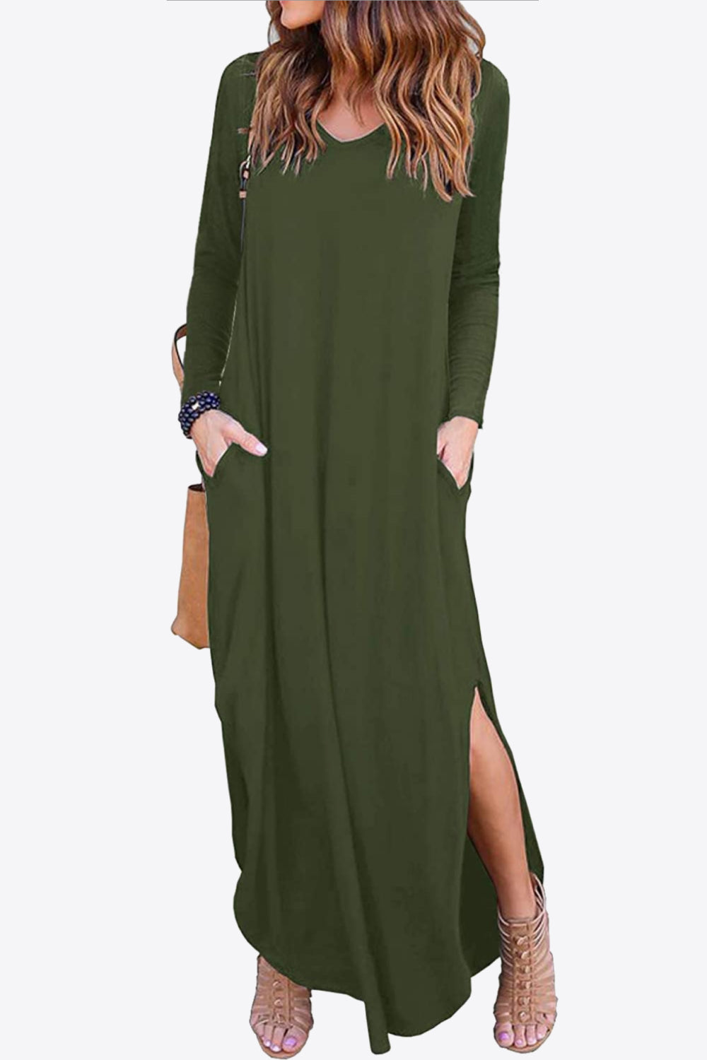 Women's Full Size Split Long Sleeve V-Neck Maxi Dress