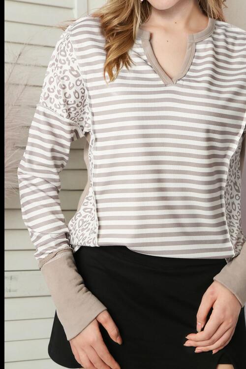 Pretty White Exposed Seam Striped Notched Blouse