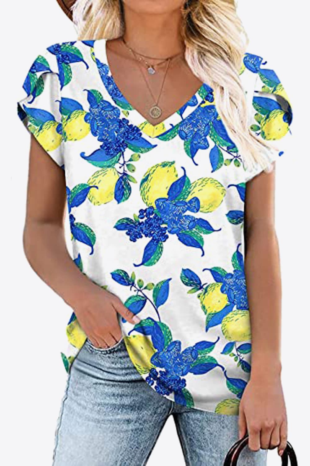 Full Size Printed Petal Sleeve V-Neck Blouse