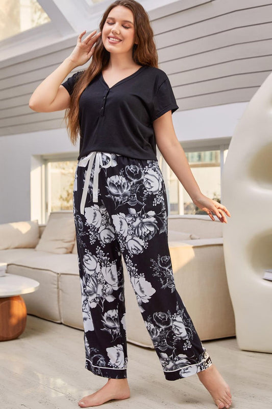 Women's Full Size V-Neck Top and Floral Pants Lounge Set