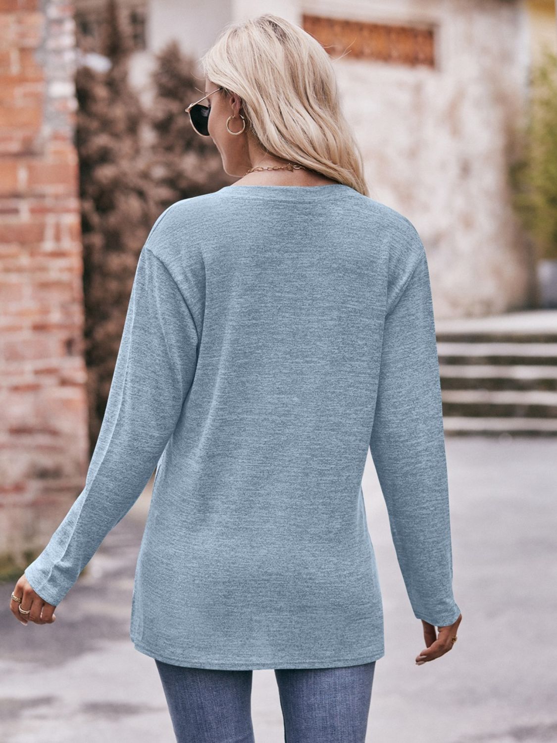 Buttoned Notched Neck Long Sleeve Top