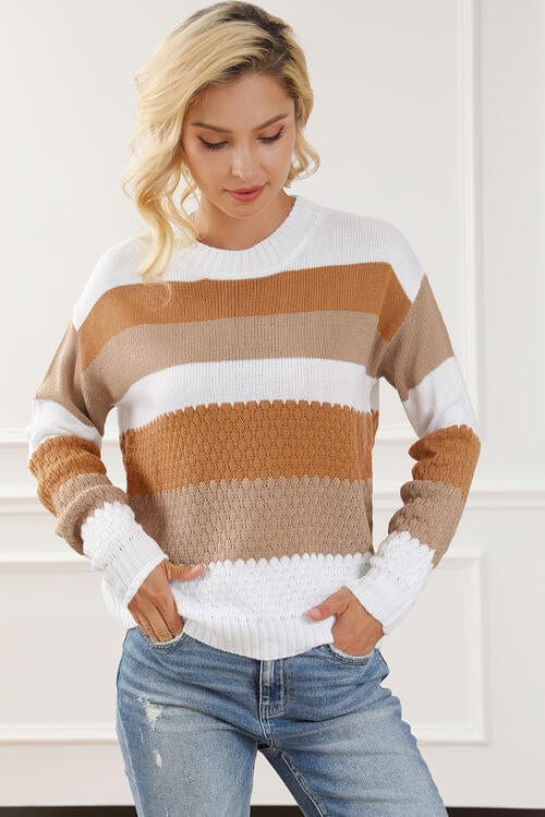 LoveByHannah Striped Round Neck Ochre Long Sleeve Knit Top