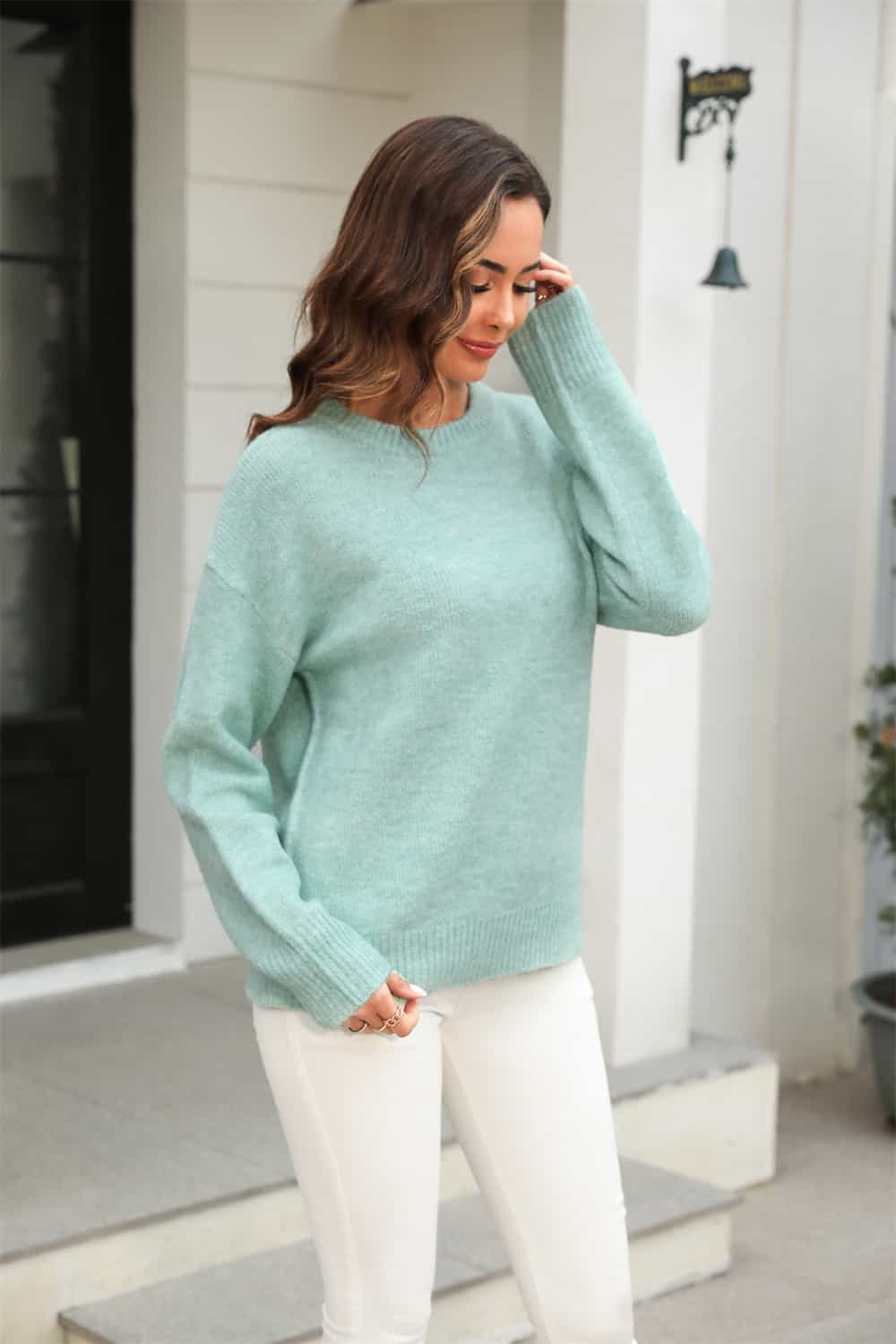 Malibu Dreams Hannah&Mea Round Neck Ribbed Long Sleeve Sweater